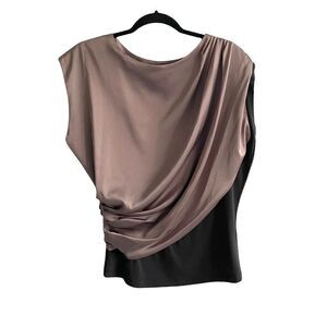 KATHERINE BARCLAY Silk Sleeveless Draped Asymmetrical Blouse Taupe Black M